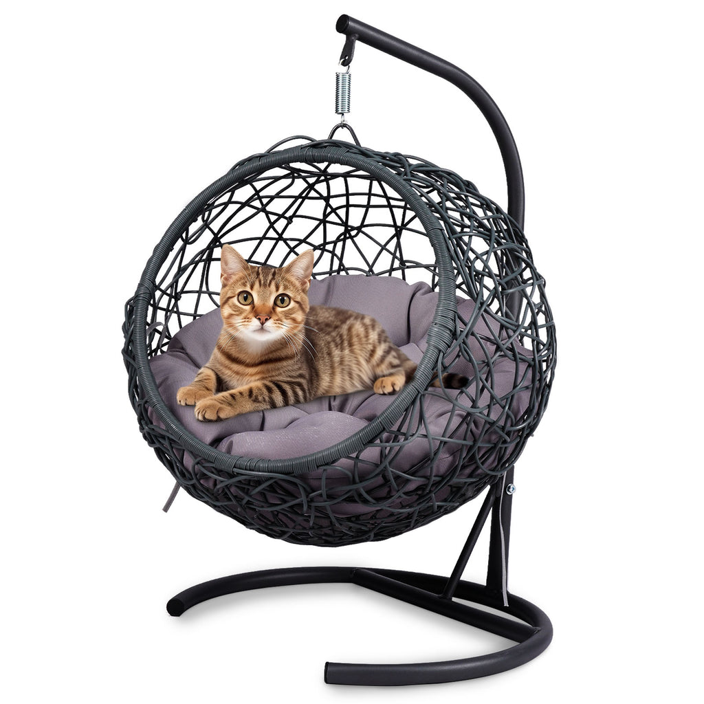 Cat Swing Bed with Stand & Cushion, Cat Egg Chair with Rattan Wicker Appearance, Indoor Hanging Swinging Cat Bed for Cats, Sm