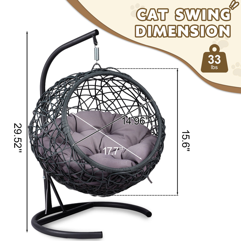 Cat Swing Bed with Stand & Cushion, Cat Egg Chair with Rattan Wicker Appearance, Indoor Hanging Swinging Cat Bed for Cats, Sm