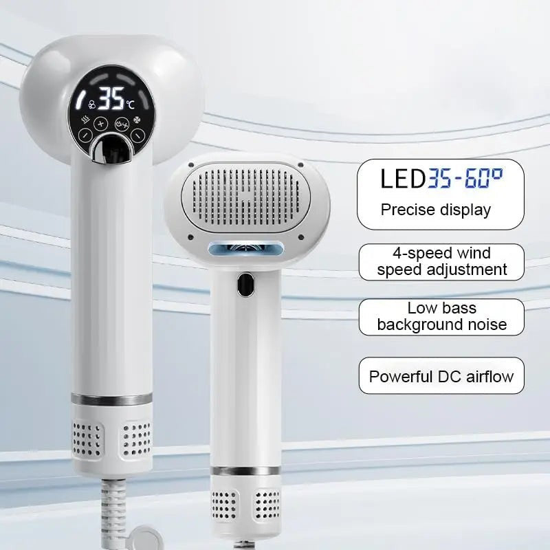 2-in-1 Pet Hair Dryer with Slicker Brush, LED Touch Control Self-Cleaning Massage Comb for Dogs and Cats, Quiet Operation, White