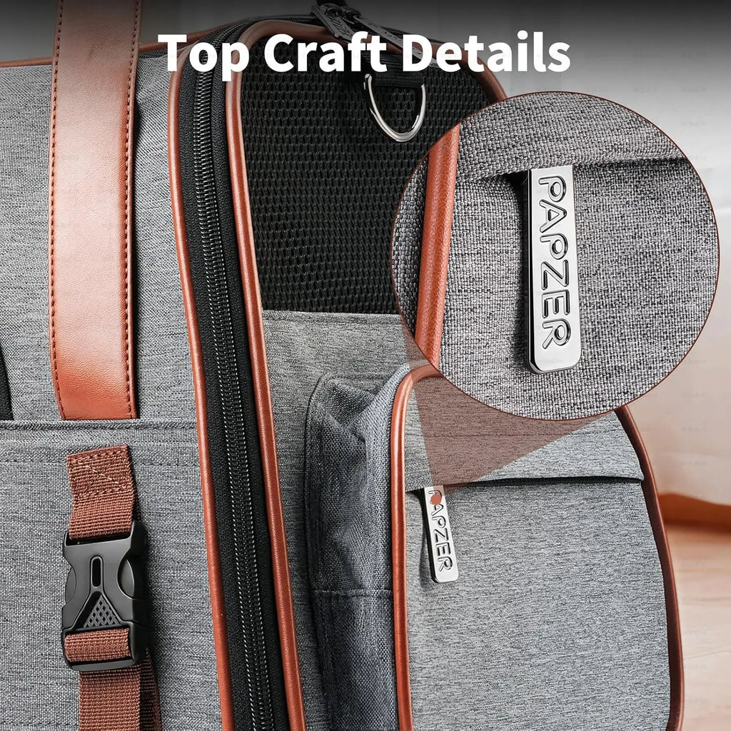Premium Pet Carrier for Medium to Large Cats, Durable Leather & Oxford Fabric, Top & Side Load, Foldable, for Travel & Car