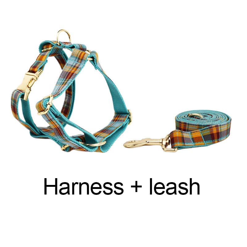 Mincy Pets Personalized Cotton Dog Collar Harness Bow Set product photo.