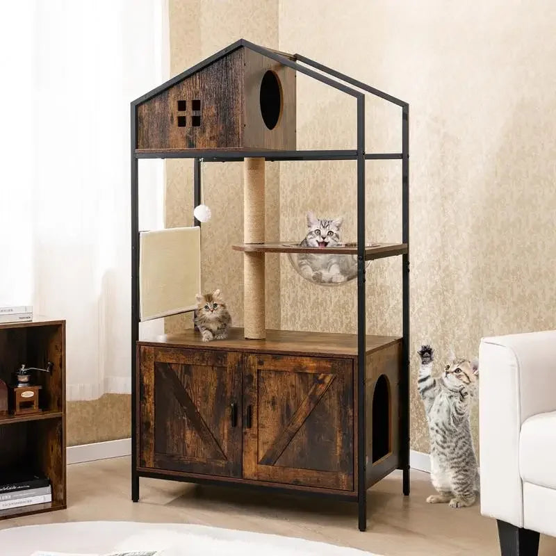 Cat Tree with Litter Box Enclosure Industrial Cat Tower Multi-level Cat Condo Furniture for Indoor Cats-Rustic Brown
