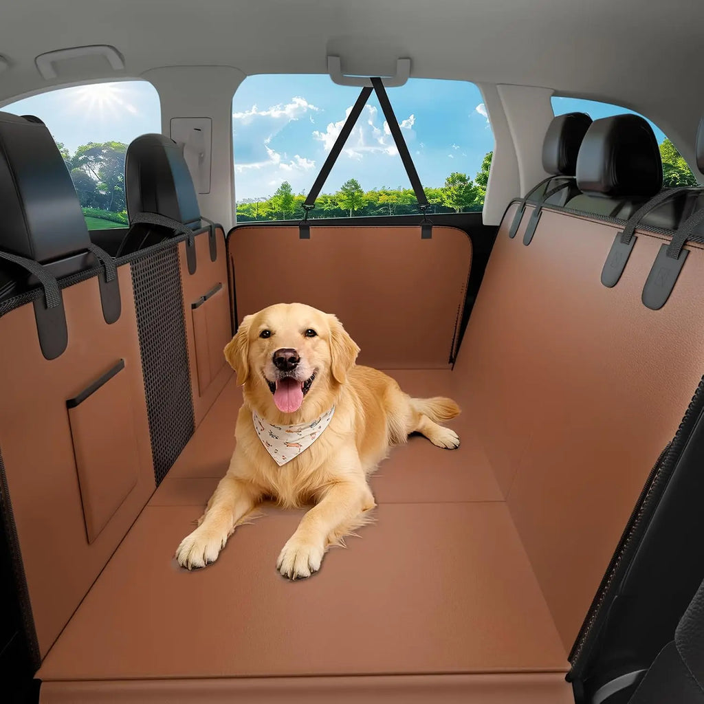 Waterproof PU Leather Dog Car Seat Cover for Back Seat, 52"x65" Hammock with Side Flaps, Non-Slip Heavy Duty Protector for SUVs & Mid-Size Trucks, Holds Up to 450 lbs – Brown