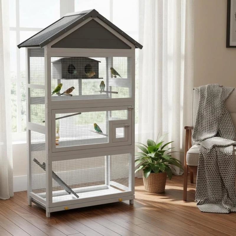 Wooden Bird Cage, with Stand, for Finches, Parakeets, Small birds - Grey