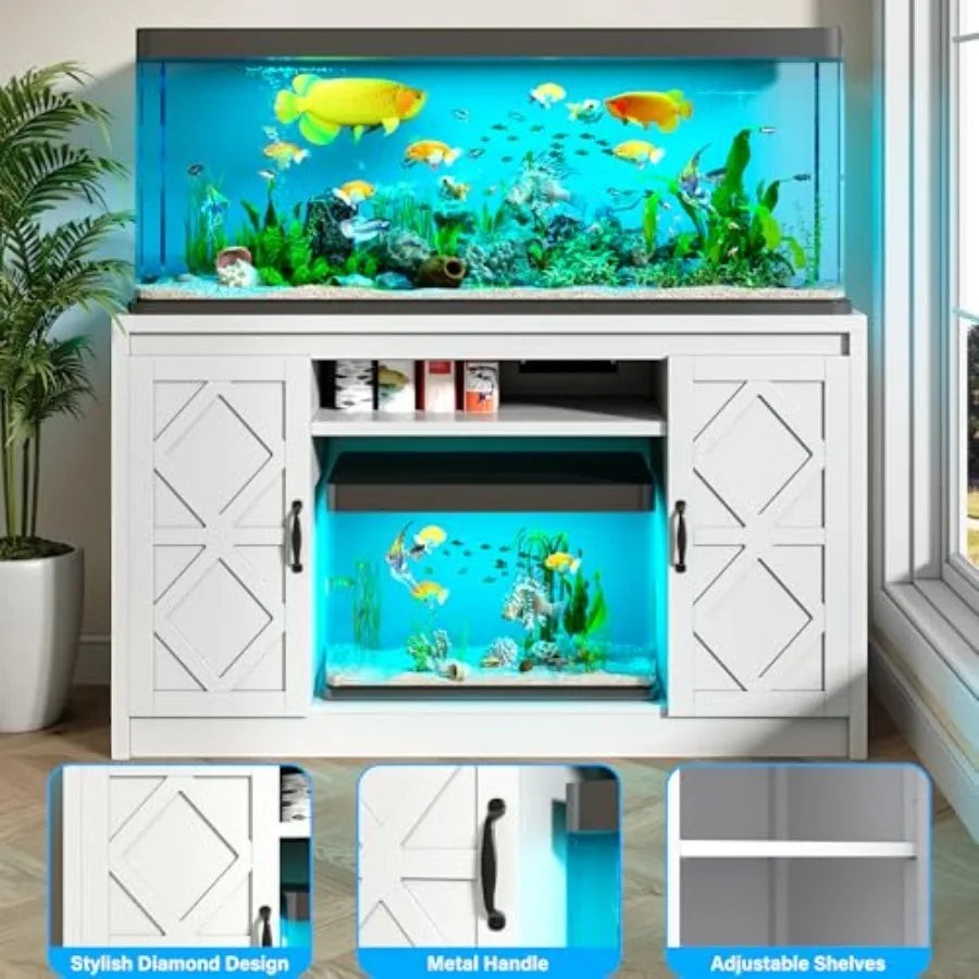 55-75 Gallon Fish Tank Stand with Diamond Doors Power Outlet, Heavy Duty Aquarium Stand with Cabinet Storage for Fish Tank, Tur