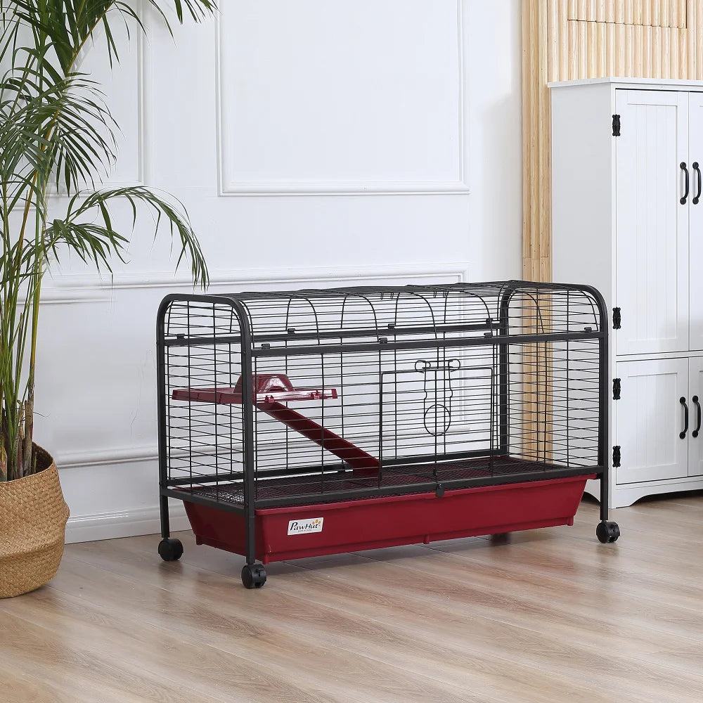41"L Small Animal Cage - Rabbit Hutch, Ferret Pet Play House with Feeder, Rolling Wheels, Platform & Ramp