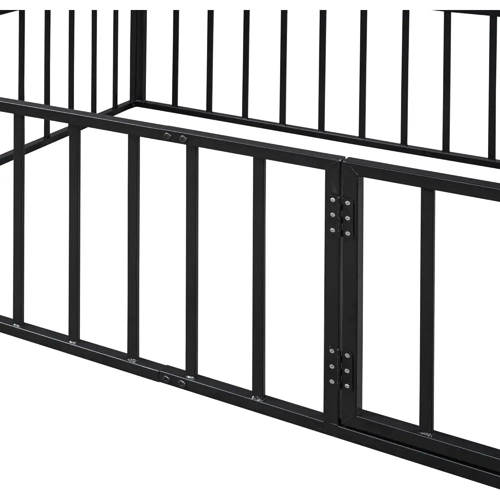 Full Size Metal Bed with Rail and Door for Kids, Suitable for Boys and Girls in Black