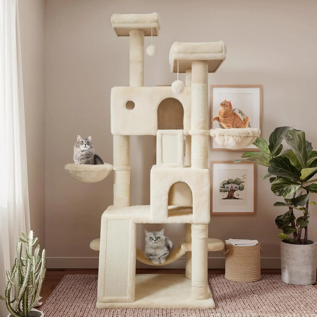 65in Larger Cat Tree Tower Condo for Indoor Kitties/Multi-Level Furniture Activity Center with Wide Base/Cozy Plush Cat Perches/