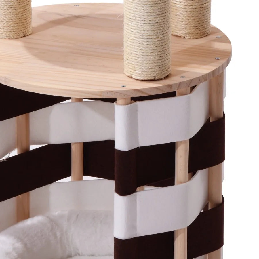 40 in Solid Pine Wood Cat Tree Multi-Level Cat Tower with Cat House Observation Perches Plush Bed and Sisal Scratching Posts In