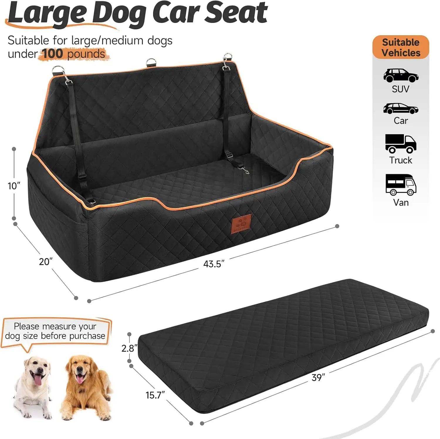 Large Dog Car Seat for Backseat & Trunk, Memory Foam, Washable Cover, Safety Belts, Fits Dogs Under 100 lbs