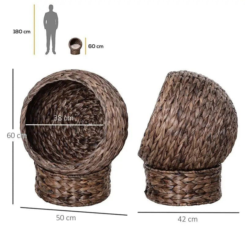 PawHut Water Hyacinth Cat Basket with Cushion, Cat Bed, Pet Bed, 50 cm x 42 cm x 60 cm, Brown + Beige