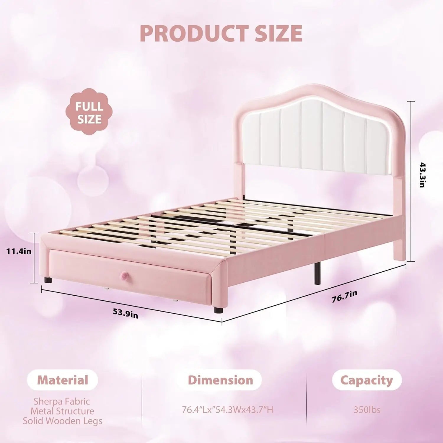 Kids Upholstered Bed Frame with LED Crown Headboard, Velvet Fabric and Metal-Wood Construction, Modern Princess Style Platform B