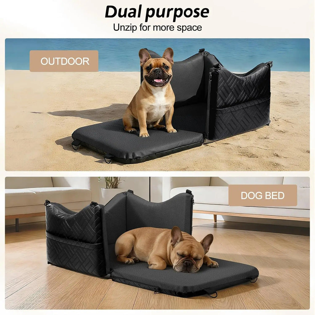 Waterproof PU Leather Dog Car Seat for Small Medium Dogs Under 35lbs, Detachable Cover, Memory Foam, Safety Belt & Storage Pockets