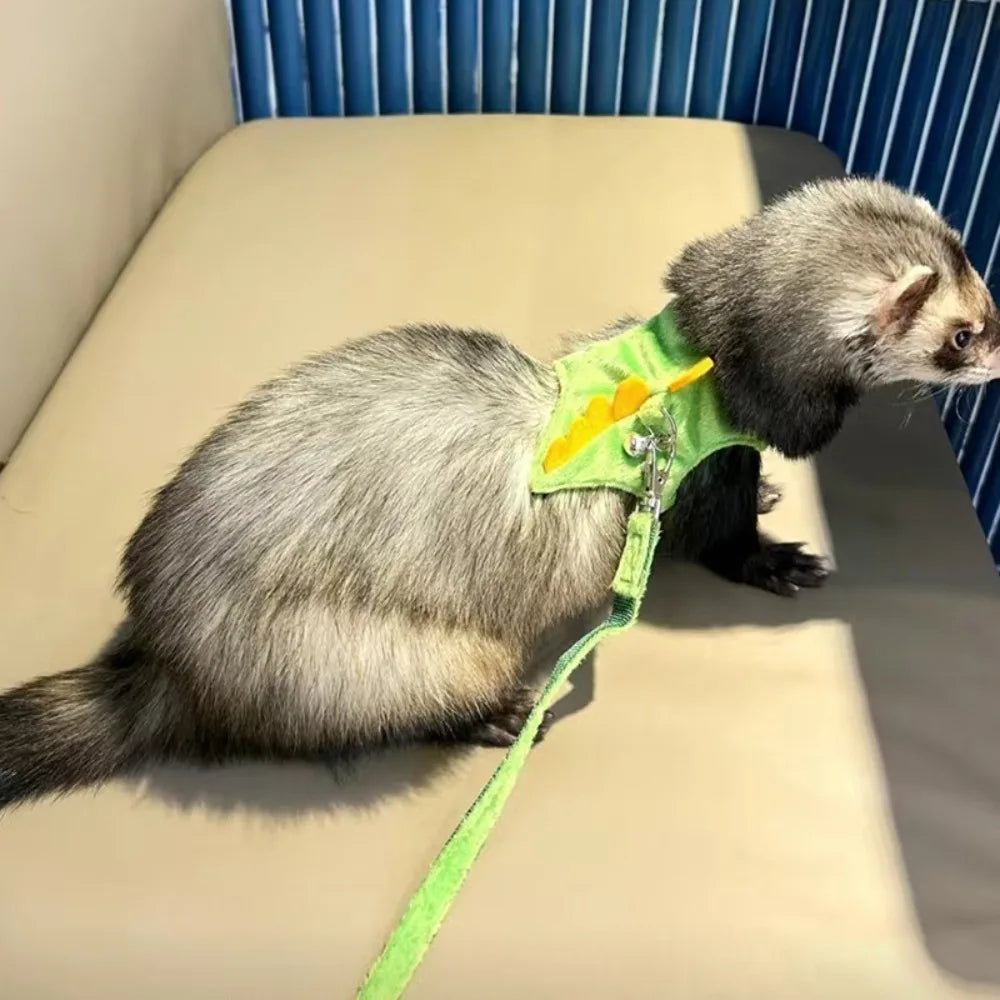 Soft Cartoon Ferret Vest Harness Adjustable Flannel Hamster Chest Strap Dragon Design with Bell Ferret Traction Rope Training