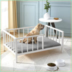 Elevated Dog Bed with Rails, Metal Frame & Solid Wood, Washable Mat, Medium 25.2x37.8in, White
