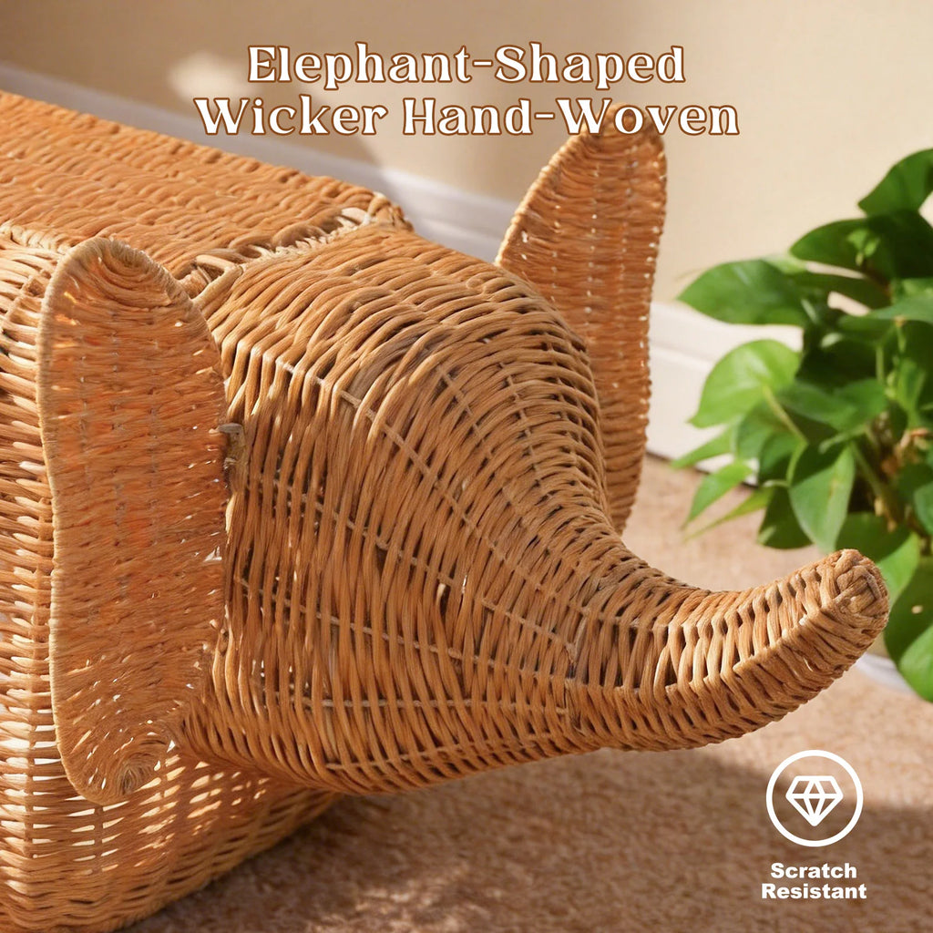 Elephant Rattan Cat Condo: Woven-Style Wicker Hideaway with Cushion