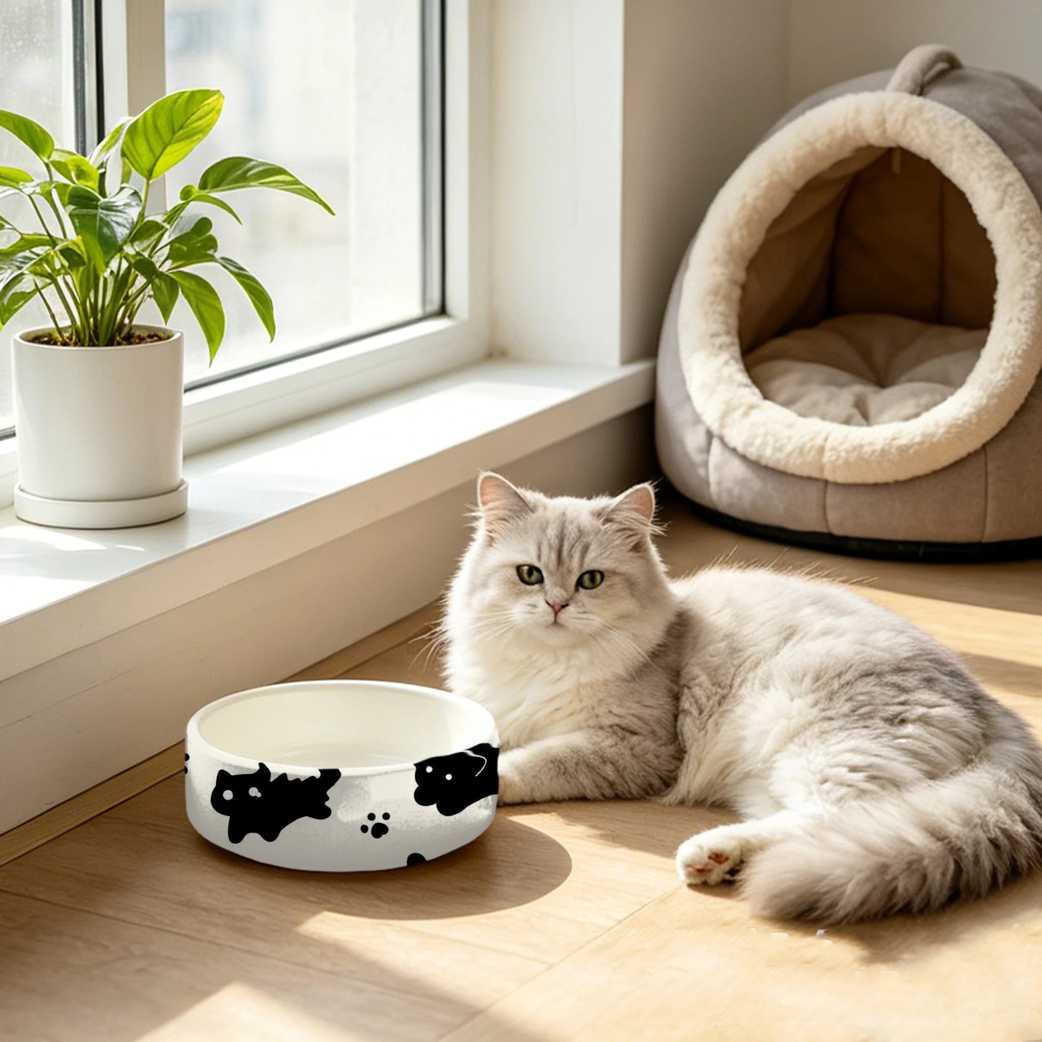 Ceramic Pet Bowl, Suitable for Cat Food & Drinking Water, Cute Printed Pattern, Sturdy & Durable, Ideal Choice for Cat Lovers，3