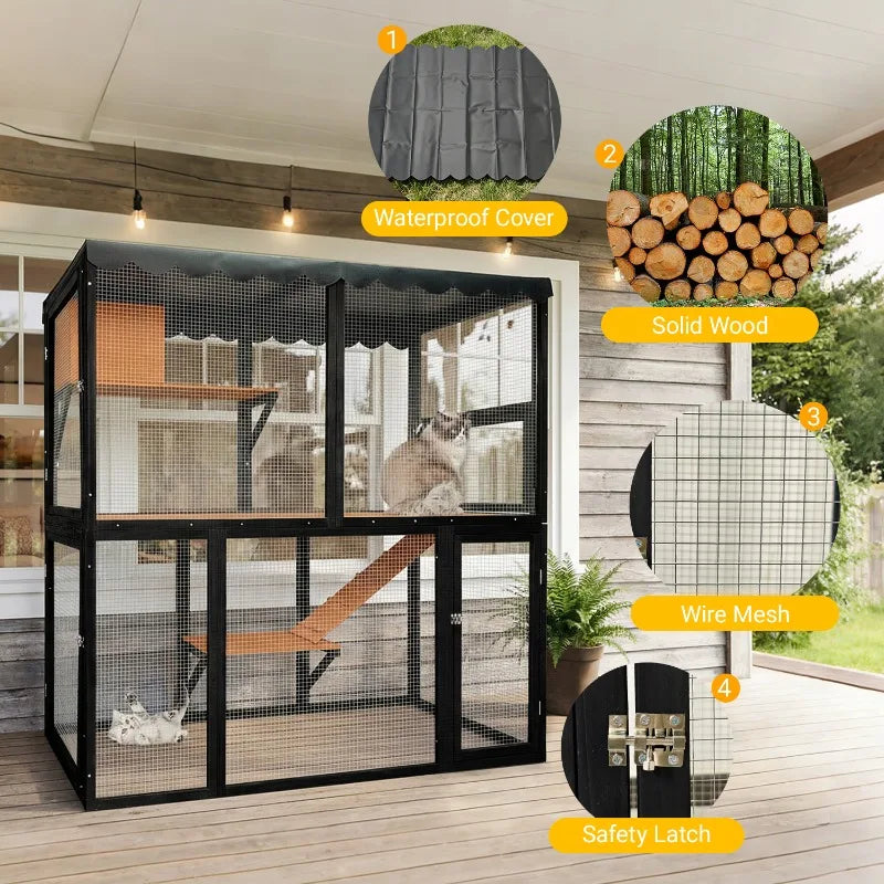 Wooden Catio Outdoor Cat Enclosure Large Cat House for Mulitiple Cats Walk ,Indoor 4 Tier Cat Enclosures House , Outdoor Cat Catio with Waterproof Cover,Ramp