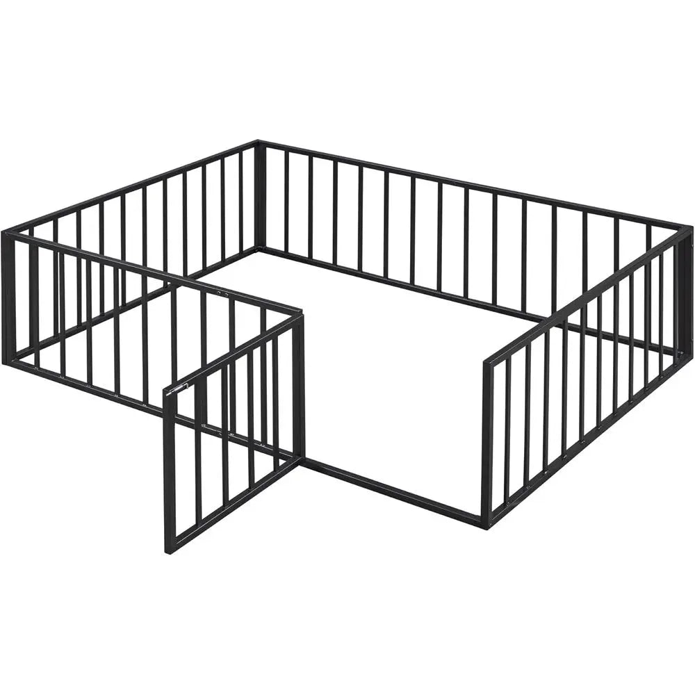 Full Size Metal Bed with Rail and Door for Kids, Suitable for Boys and Girls in Black
