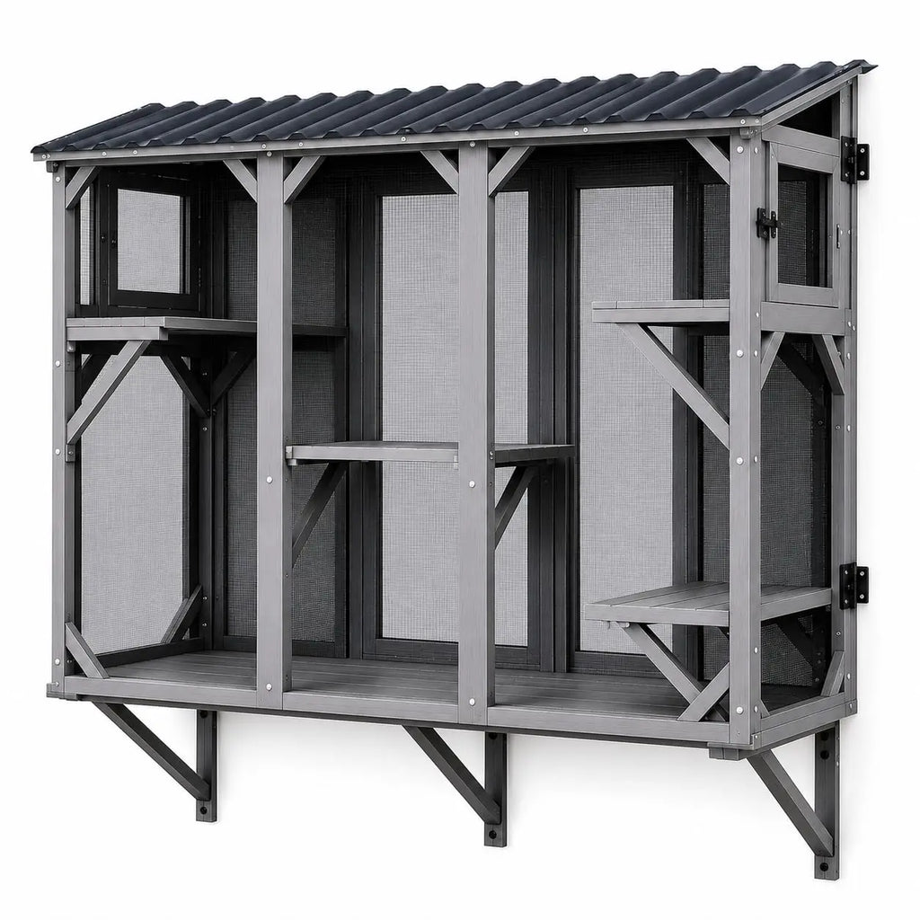 Catio Cat Enclosure, Wood Window Box, UV-Resistant Roof & Rust-Resistant Steel Mesh, Pet House with 2 Lounging Boxes and 5 Platforms, All-Weather Use, Keeps Insects Out
