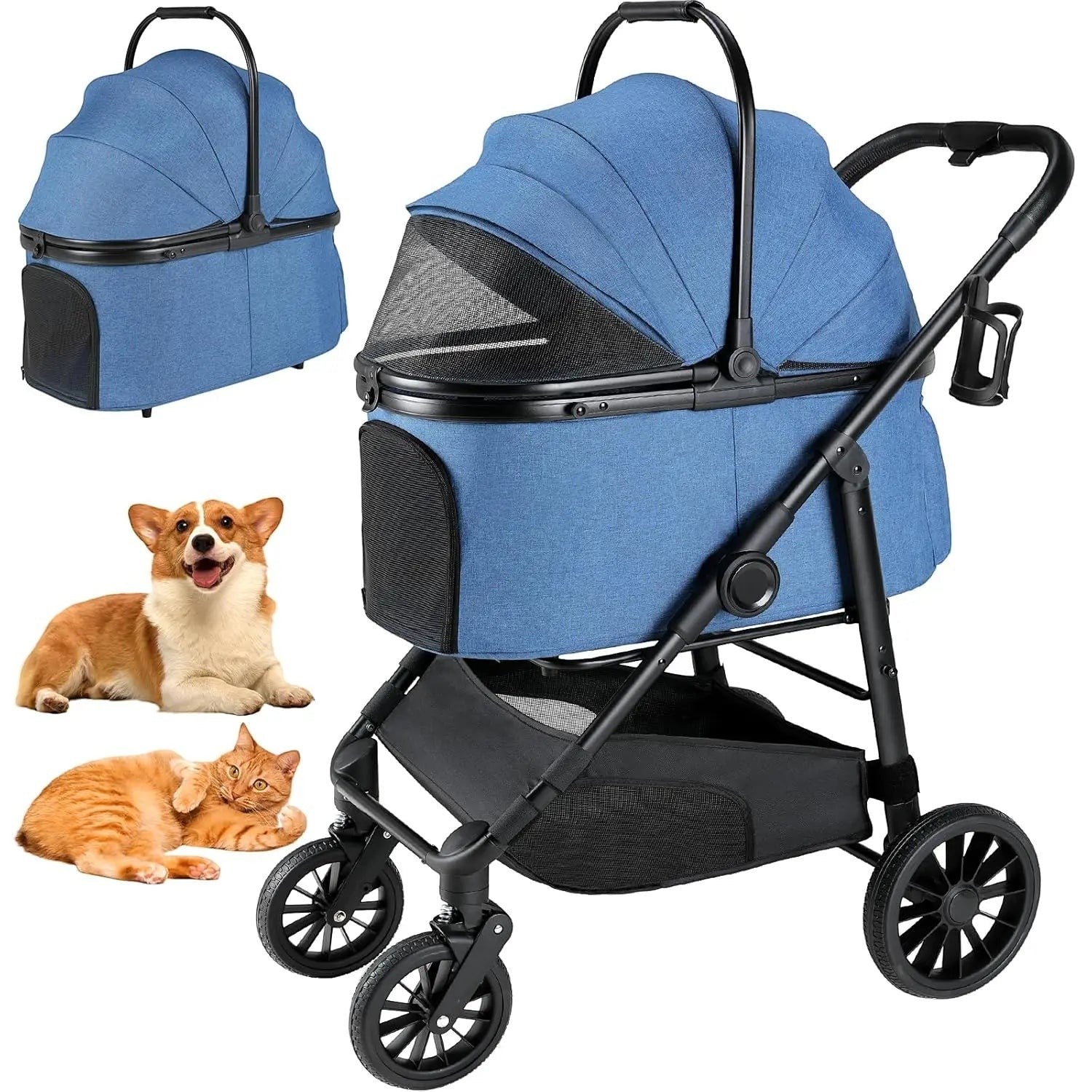 Mincy Pets All-Terrain Pet Stroller with Carrier & Basket product photo.