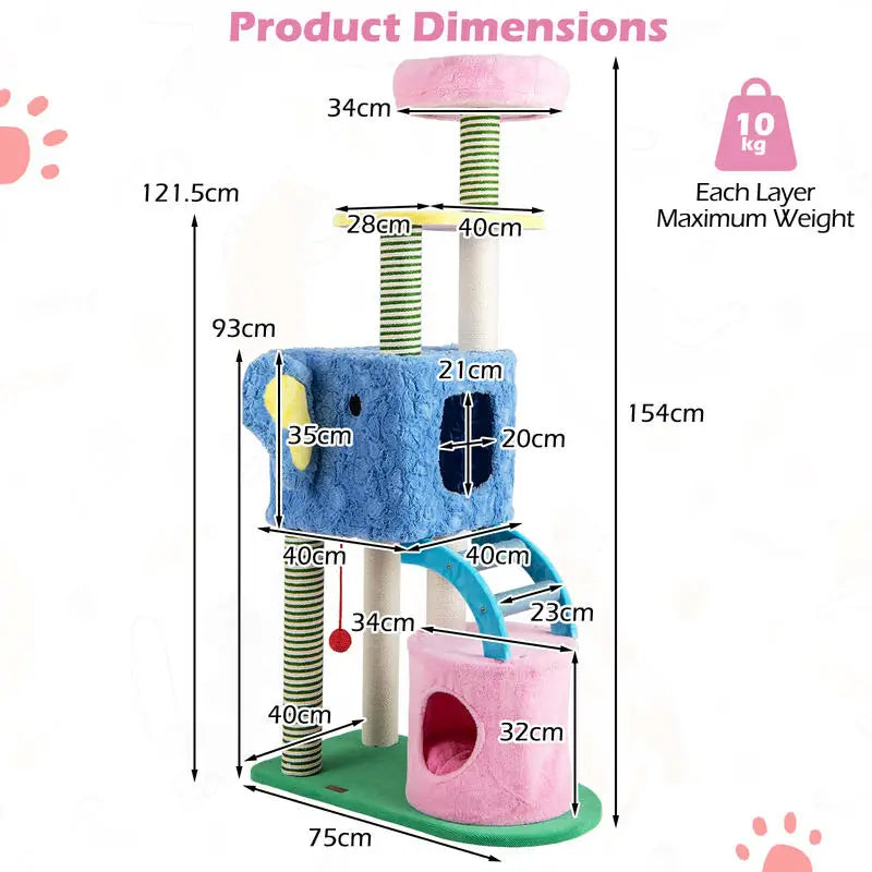 Elephant Themed Cat Tree for Cats with Condos and Padded Perch-Colourful