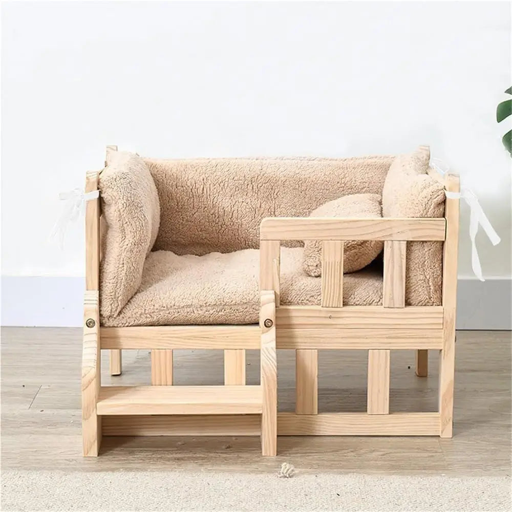 Raised Wooden Dog Bed with Steps and Railing, Easy Clean, 31.5x19.7x15.4
