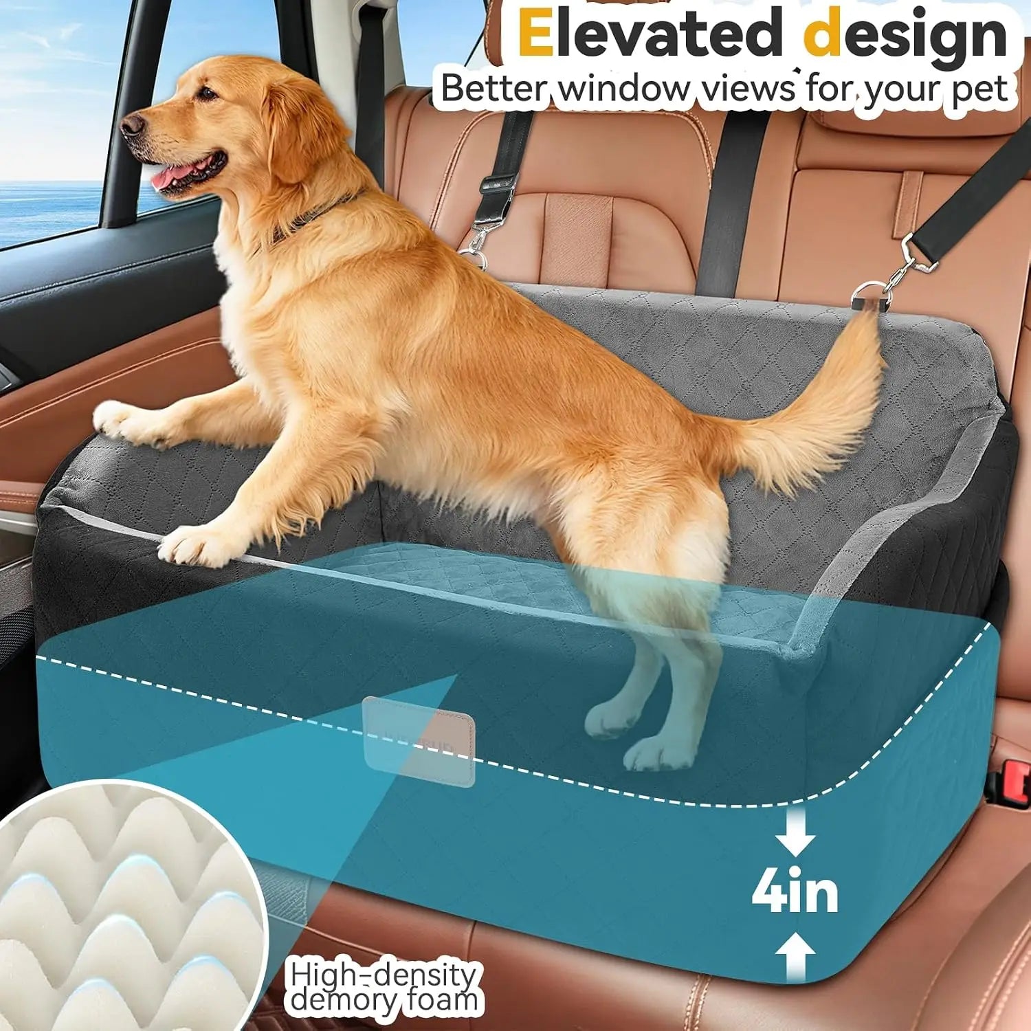 Memory Foam Dog Car Seat for Medium/Large Dogs, Booster Seat for Backseat with Safety Leashes, Black/Grey, Large