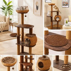 Multi-Level Cat Tree with PE Rattan Condo and Sisal Scratching Posts, Hanging Toy and Top Perch for Indoor Climbing Play, Brown, 59.5 Inch