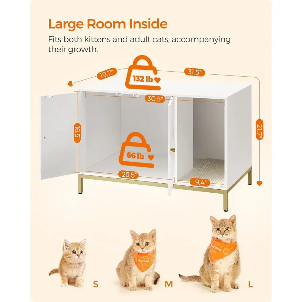 White & Gold Litter Box Cabinet — Winding Entry, Scratch Pad
