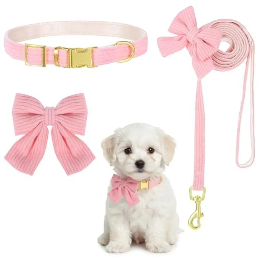 2pcs Dog Collar and Leash Set with Bowtie Cute Small Dog Collar Harness Leash Set Adjustable Breathable Soft Padded for Small M