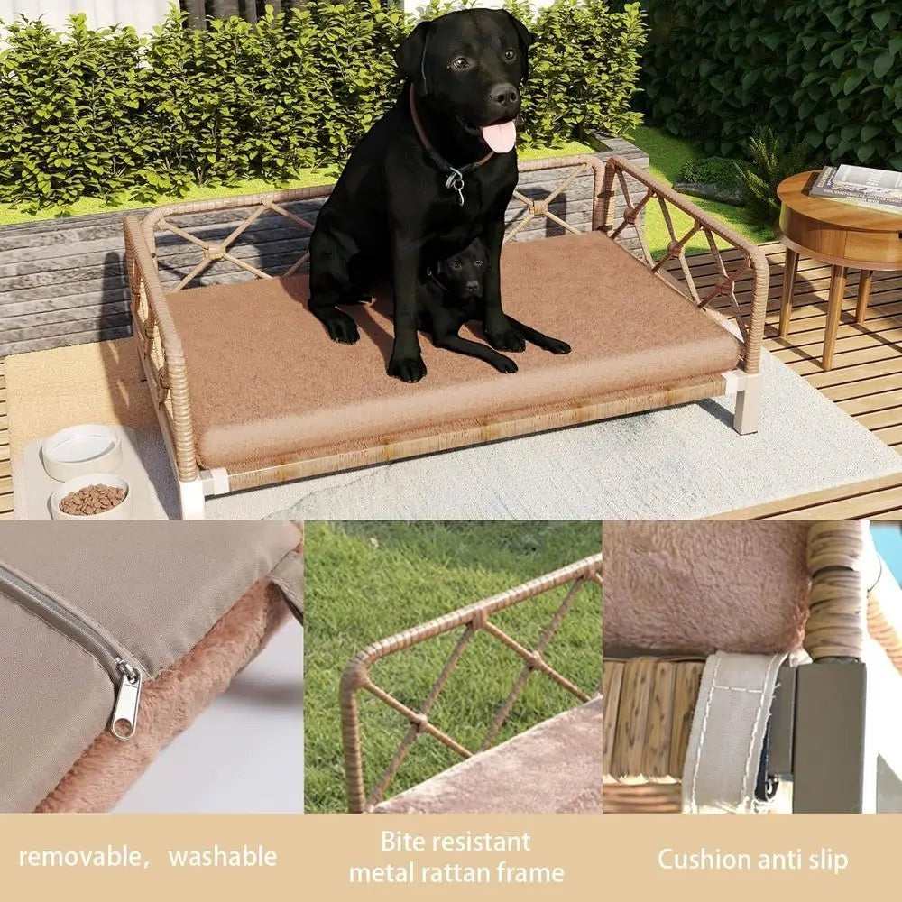 Indoor Wicker Dog Bed with Rattan Sofa, Cushion, and Pet Furniture - Brown, Large & Medium Sizes