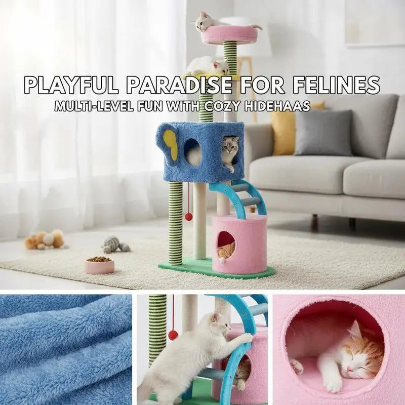 Elephant Themed Cat Tree for Cats with Condos and Padded Perch-Colourful