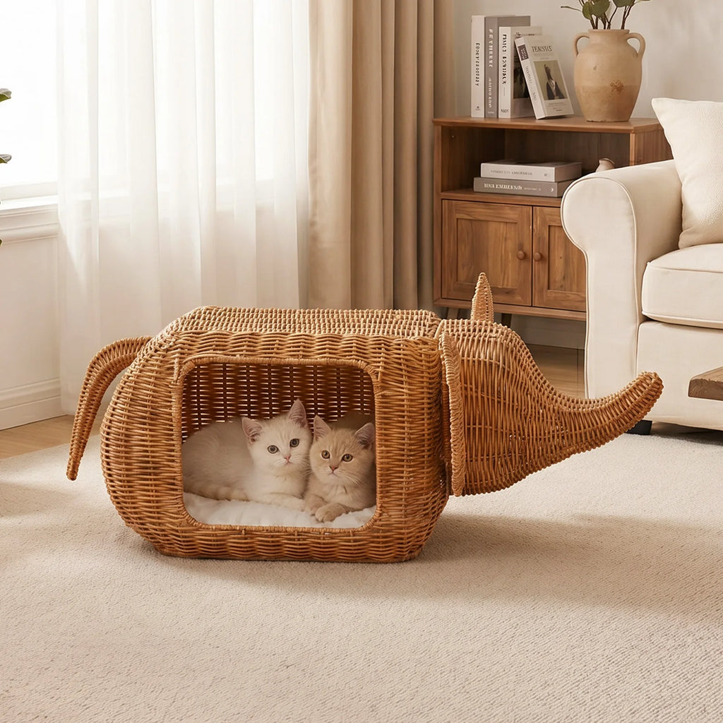 Elephant Rattan Cat Condo: Woven-Style Wicker Hideaway with Cushion