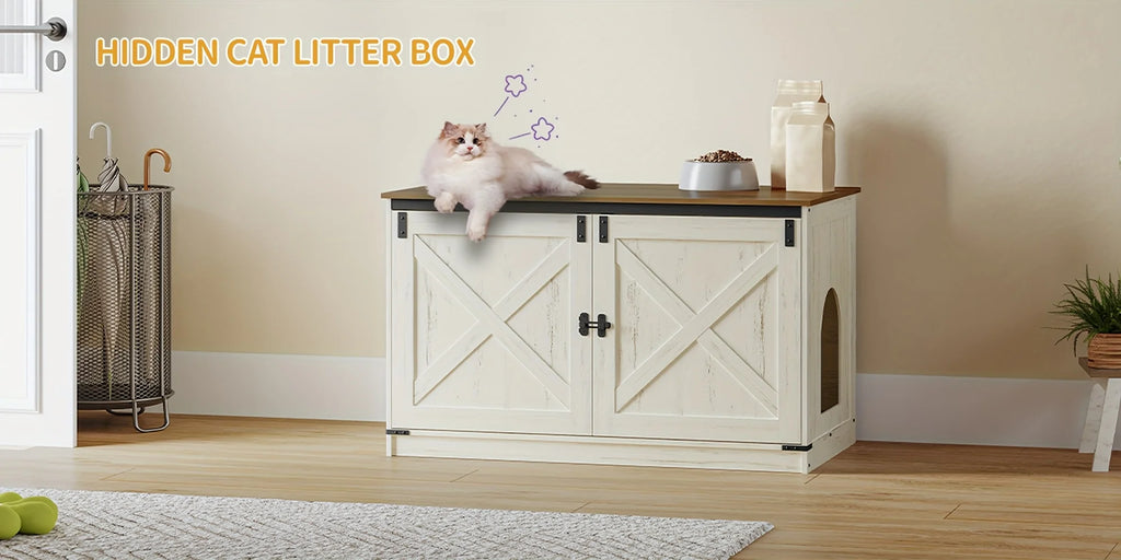 Hillcrest Reversible Litter Box Cabinet — Hidden Storage, Barn Door Design
