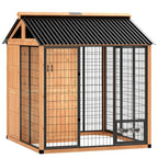 7' X 6' Extra Large Dog House, Wood Outdoor Dog Kennel with Storage Cabinet, Stainless Steel Bowls, Light Yellow