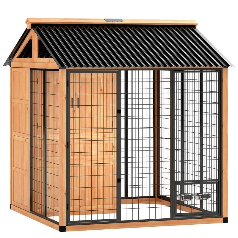 7' X 6' Extra Large Dog House, Wood Outdoor Dog Kennel with Storage Cabinet, Stainless Steel Bowls, Light Yellow