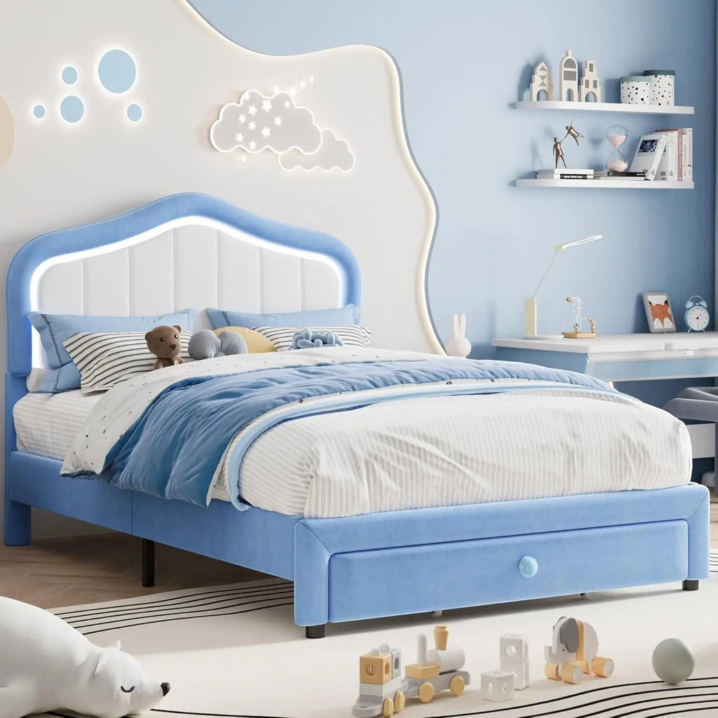 Kids Upholstered Bed Frame with LED Crown Headboard, Velvet Fabric and Metal-Wood Construction, Modern Princess Style Platform B