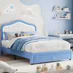 Kids Upholstered Bed Frame with LED Crown Headboard, Velvet Fabric and Metal-Wood Construction, Modern Princess Style Platform B