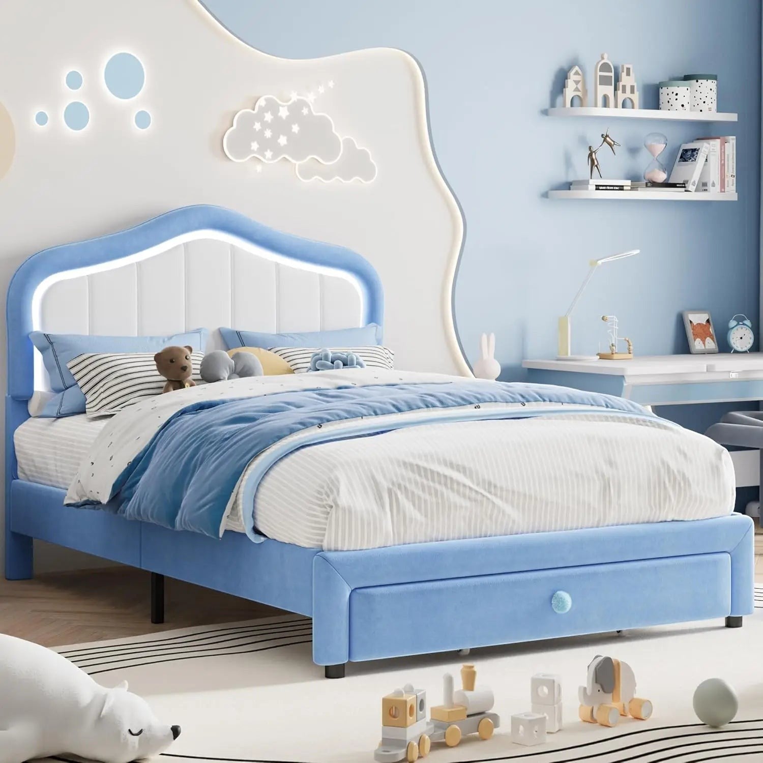 Kids Upholstered Bed Frame with LED Crown Headboard, Velvet Fabric and Metal-Wood Construction, Modern Princess Style Platform B