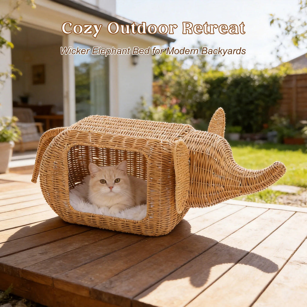 Elephant Rattan Cat Condo: Woven-Style Wicker Hideaway with Cushion
