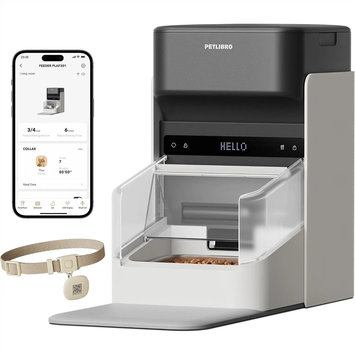 RFID Automatic Cat Feeder with Collar Sensor for Multi-Pet Homes, Wi-Fi Programmable Cat Food Dispenser with Diet Tracking