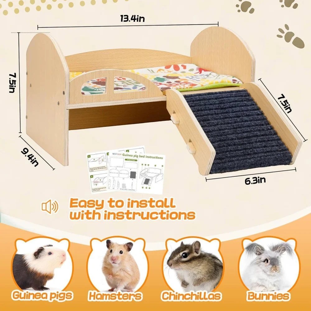 Guinea Pig Bed with Stable Stairs & Mat Wood Pet Toy Bed Reusable Multi-Level Guinea Pig Castle for Hamsters Bunny Chinchillas