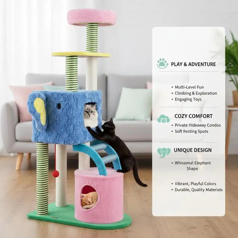 Elephant Themed Cat Tree for Cats with Condos and Padded Perch-Colourful