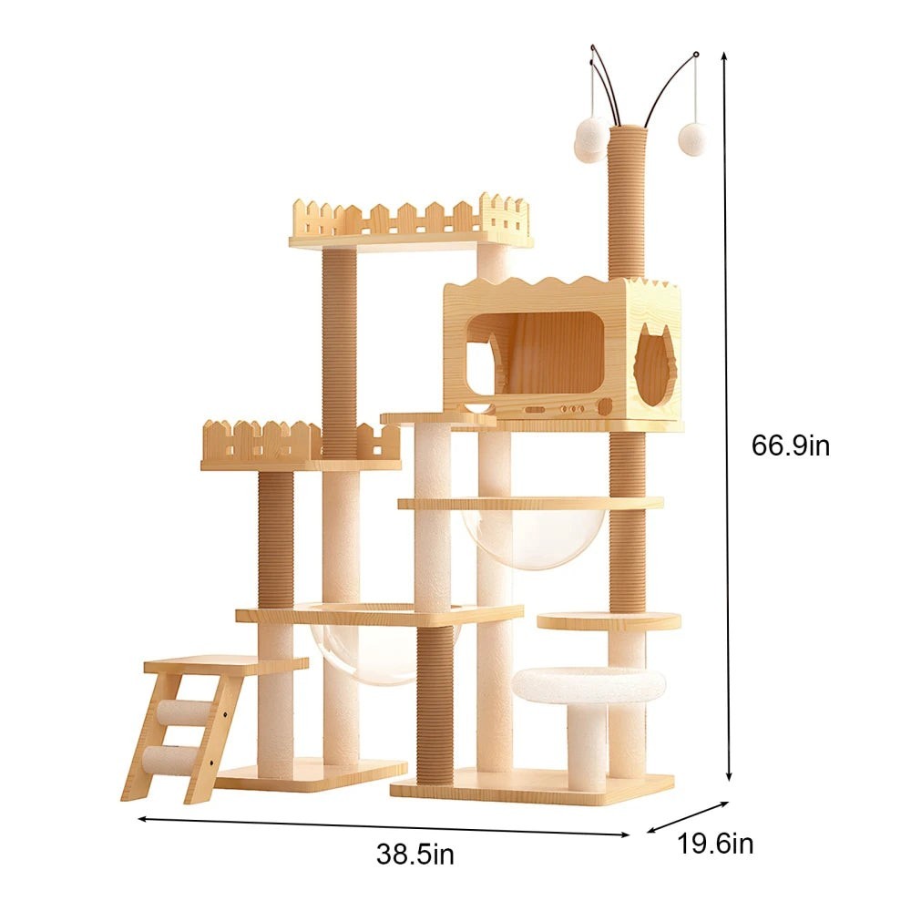 Modern Wooden Cat Tree Tower for Indoor Cats, Multi-Level Cat Condo with Sisal Scratching Posts, Top Perch & Acrylic Hammock, Durable Large Activity Center for Multiple Kittens