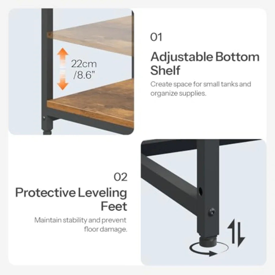 Fish tank stand for 20-29 gallon aquariums, metal frame, rustic brown, heavy duty with power outlets and LED light, 33.1'' L x