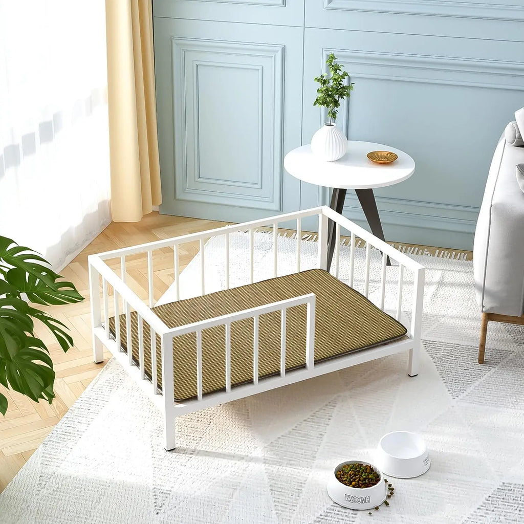 Elevated Dog Bed with Rails, Metal Frame & Solid Wood, Washable Mat, Medium 25.2x37.8in, White