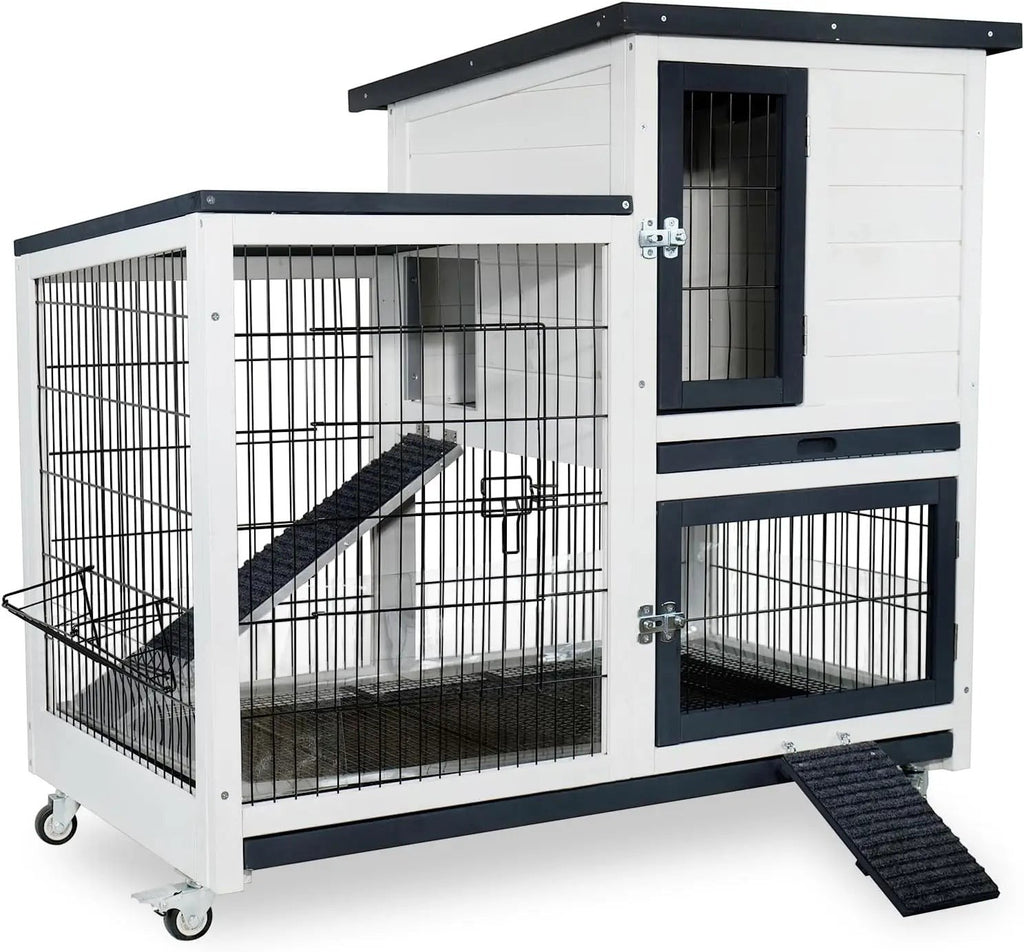 2-Story Rabbit Hutch Indoor Outdoor with Urine Guards Chew-Resistant Ramp Leak-Proof Trays Wheels