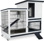 2-Story Rabbit Hutch Indoor Outdoor with Urine Guards Chew-Resistant Ramp Leak-Proof Trays Wheels