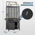 Large Bird Cage, 71" h Rolling Birdcage with Play Top & Storage Cabinet, Wood Parakeet Cage for Macaw Parakeet Parrot Cockatiel Budgie (Dark Walnut)